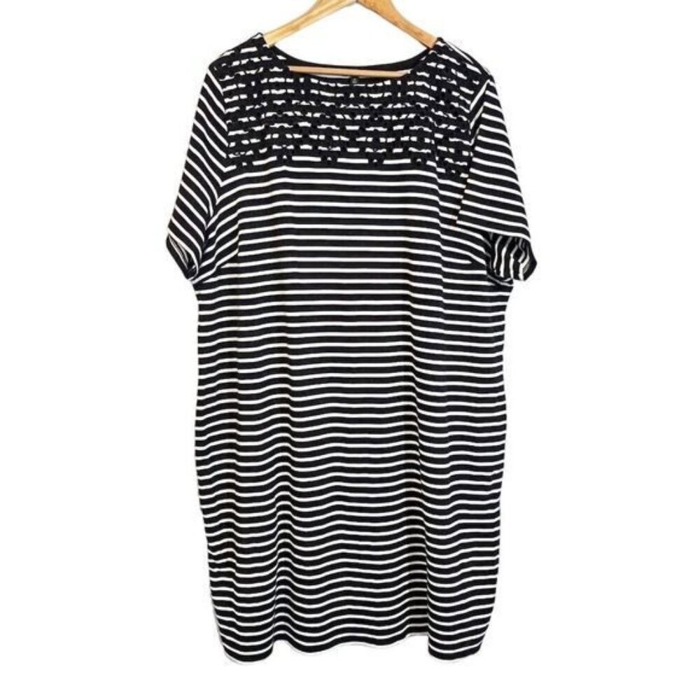 Talbots Navy Striped Embroidered Cotton T-Shirt Shift Dress 3X Coastal Nautical